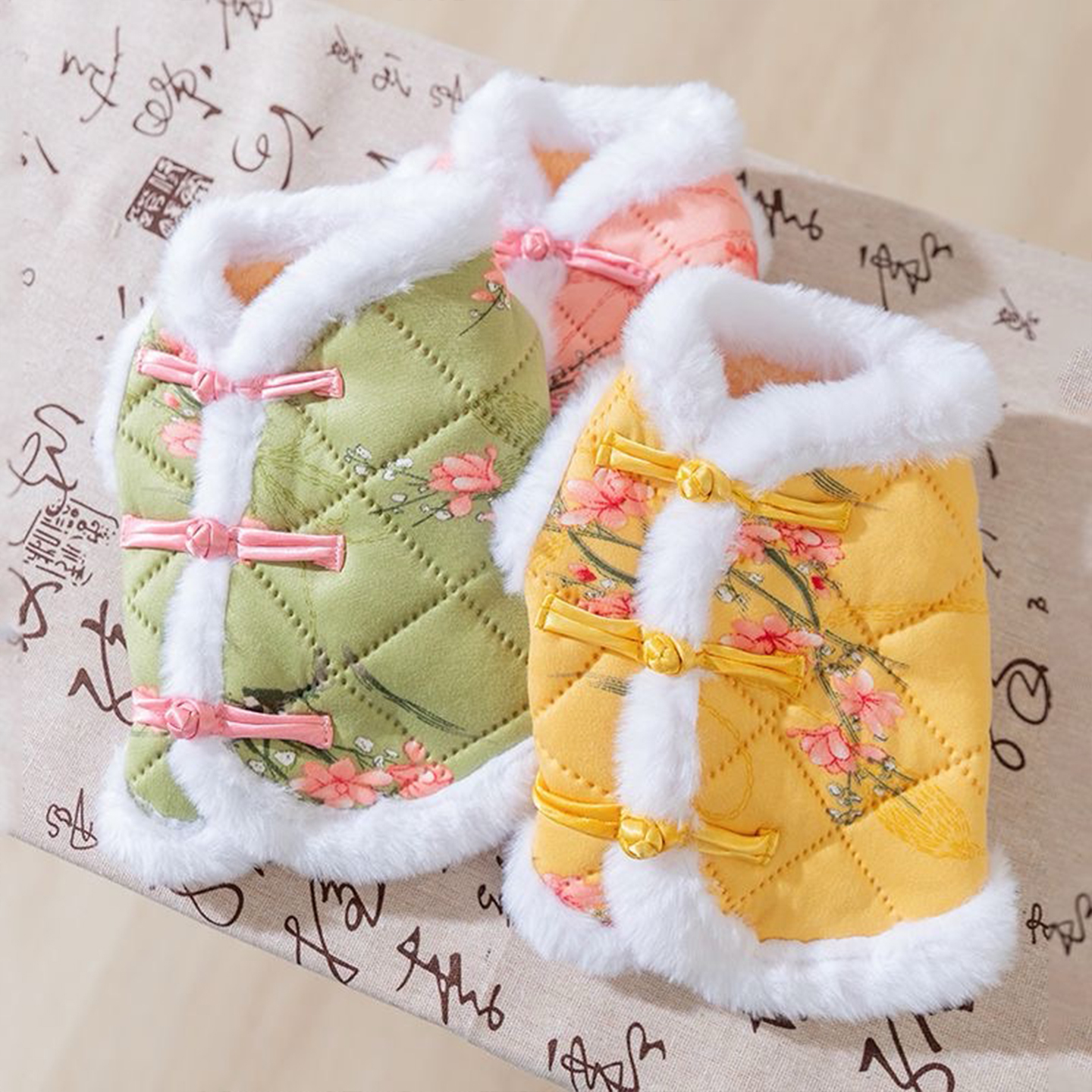 猫咪新年唐装冬季加厚保暖花朵印花加厚保暖马甲宠物服装狗狗衣服 - 图3