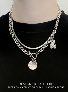 复古小熊项链钛钢双层叠加链男女