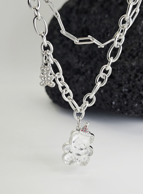 银色小熊吊坠双层钛钢项链女