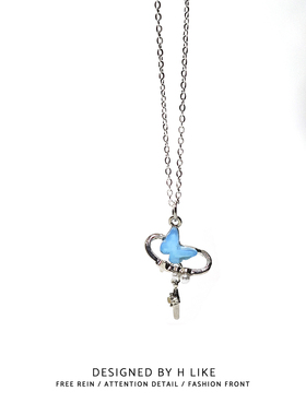 蓝色蝴蝶项链女小众设计高级感新