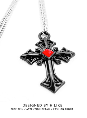 黑色十字架钛钢蛇骨男女项链吊坠