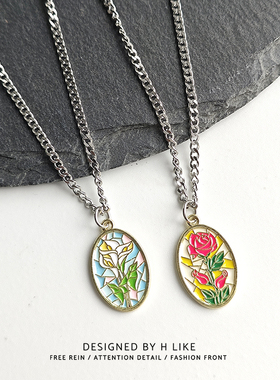 圆牌玫瑰钛钢蛇骨链男女项链吊坠