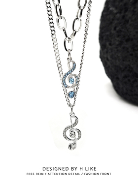 银色蓝色音符项链吊坠毛衣链