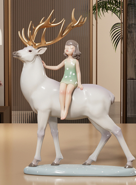 原创雕塑《梦鹿》女孩鹿摆件