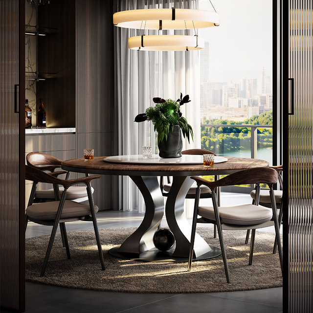 Walnut solid wood round dining table light luxury modern