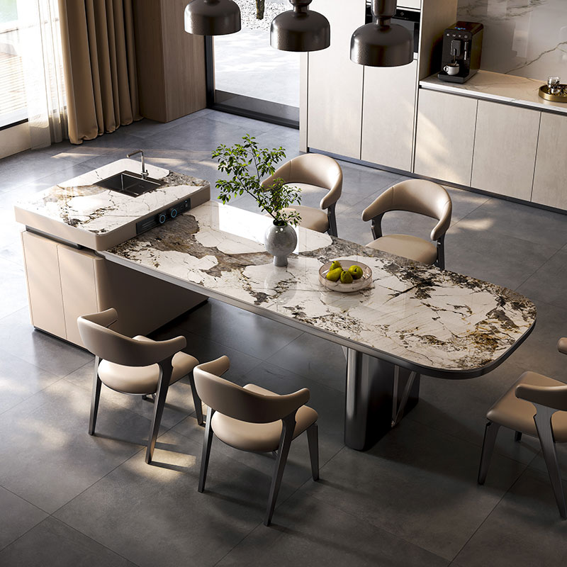 诚骏奢石岩板岛台餐桌一体多功能轻奢高端抽拉式伸缩实木导台饭桌 - 图2