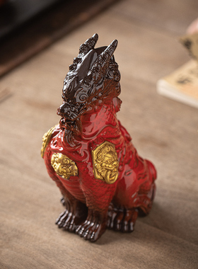 中式陶瓷精品麒麟摆件一对吉祥物办公室客厅家居工艺博古架装饰品
