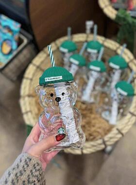 小熊玻璃吸管杯高颜值可爱卡通咖啡杯新年礼品办公室喝水杯小熊杯