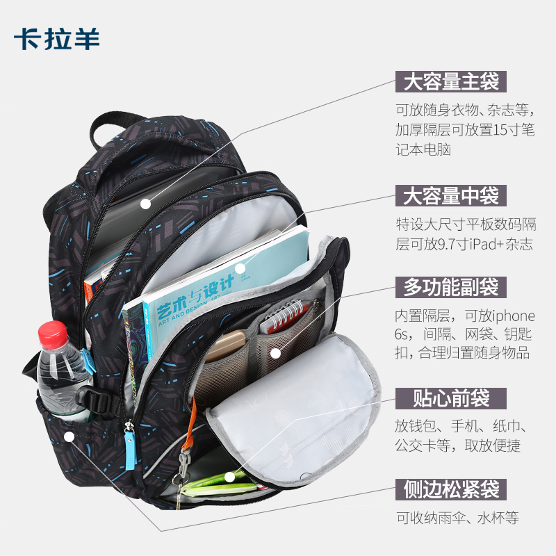 卡拉羊初中生男中学生轻便女双肩包 卡拉羊乐观向尚双肩背包