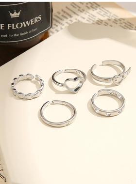 rings简约覆古开 口爱心戒指5件套镂空爱心ins冷淡风小众设计食指