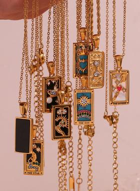 Stainless steel necklace欧美ins复古不锈钢滴油锆石塔罗牌项链