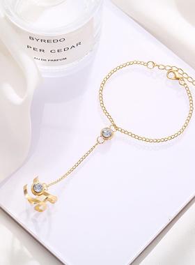 Chain ring rings women 连指手饰 镶钻镂空V字戒指手链女