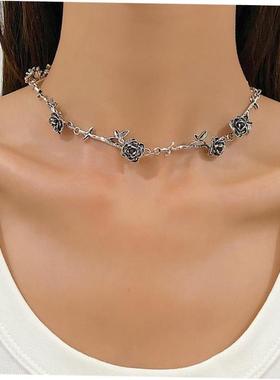 retro black necklace rose neck chain short choker 玫瑰锁骨炼