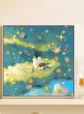 ins草坪玩耍小白兔可爱装饰画梦幻治愈卡通客餐厅卧室床头摆挂画