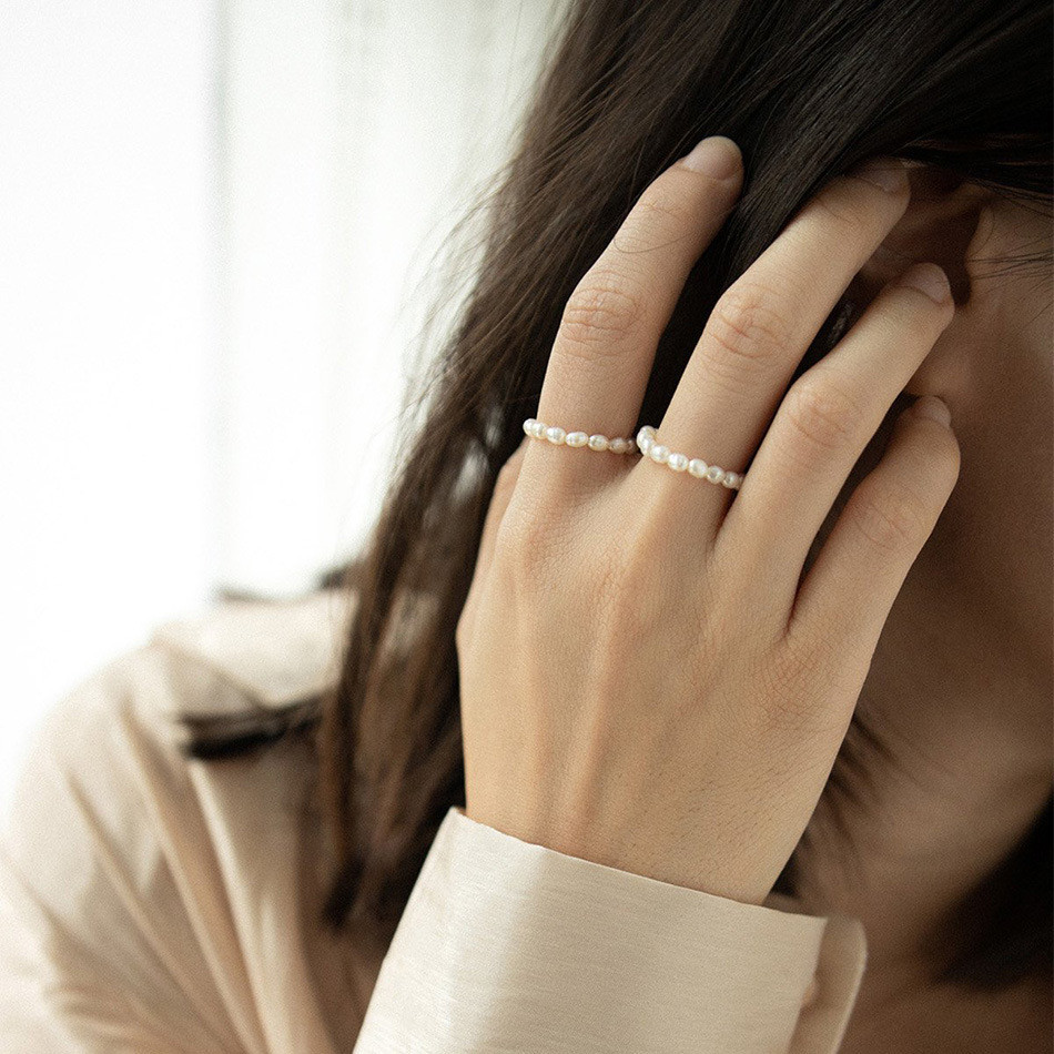Pearl ring sterling silver beads stacked for light luxury and high-end feel