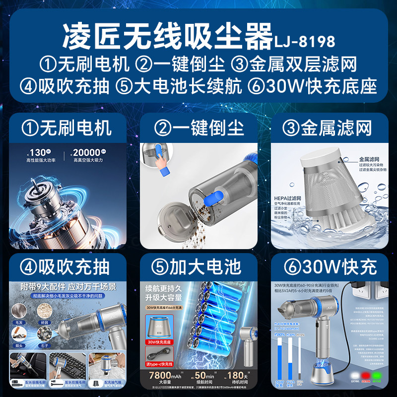 凌匠5合1快充无线车载吸尘器无刷大吸力汽车家用吸吹充抽手持小型