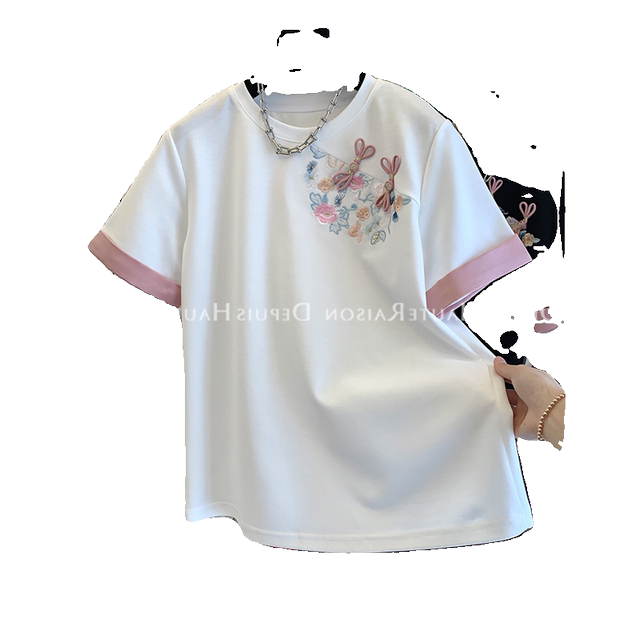 Extra large size 300 Jin Jin equals 0.5 kg Chinese style heavy industry embroidery contrasting color T-shirt