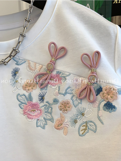 Extra large size 300 Jin Jin equals 0.5 kg Chinese style heavy industry embroidery contrasting color T-shirt