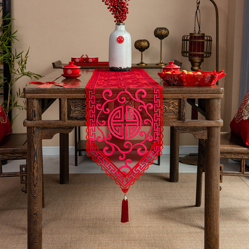 新中式婚礼桌旗乔迁绒布刺绣蕾丝茶几布婚礼订婚喜庆结婚长条桌布,淘宝优惠券,粉丝福利购,淘宝优惠卷