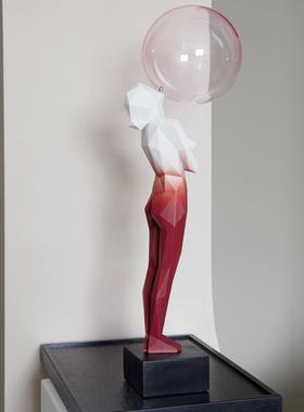 吹泡泡女孩红色渐变人物雕塑雕像客厅艺术摆件美容院医美软装饰大