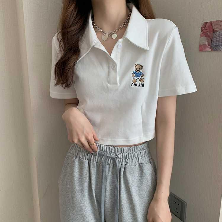 新款夏装学院风POLO领刺绣小熊卡通短袖t恤女短款