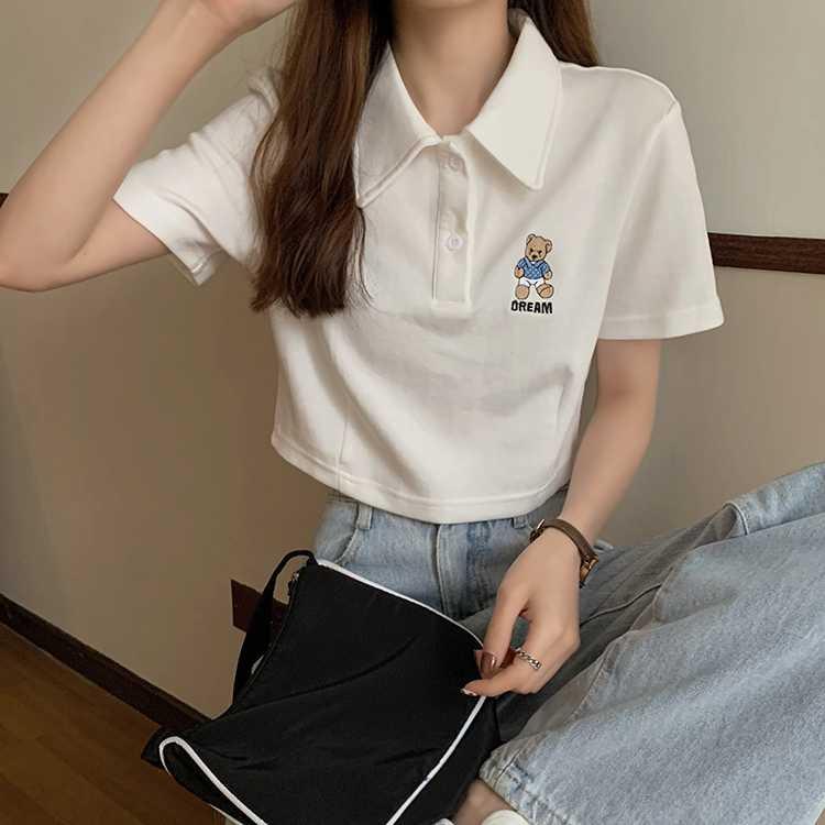 新款夏装学院风POLO领刺绣小熊卡通短袖t恤女短款