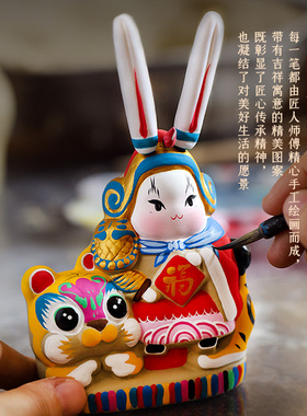 吉兔坊大圆和兔儿爷手工泥塑摆件