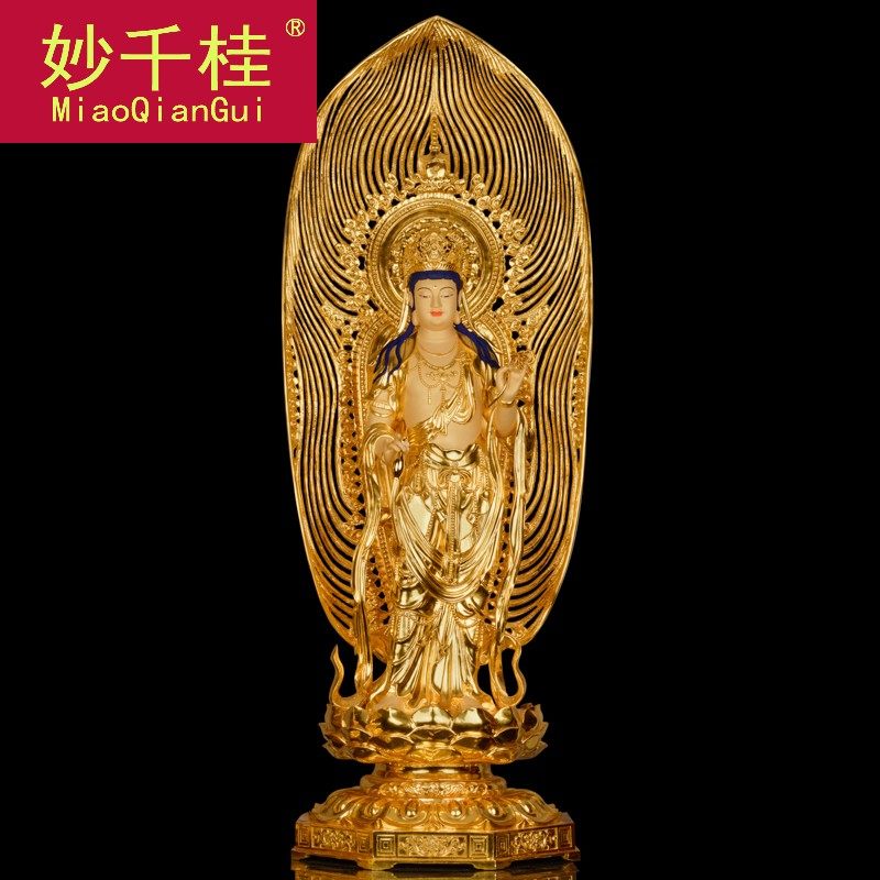 妙千桂纯铜鎏金观音站西方三圣神像 妙千桂摆件
