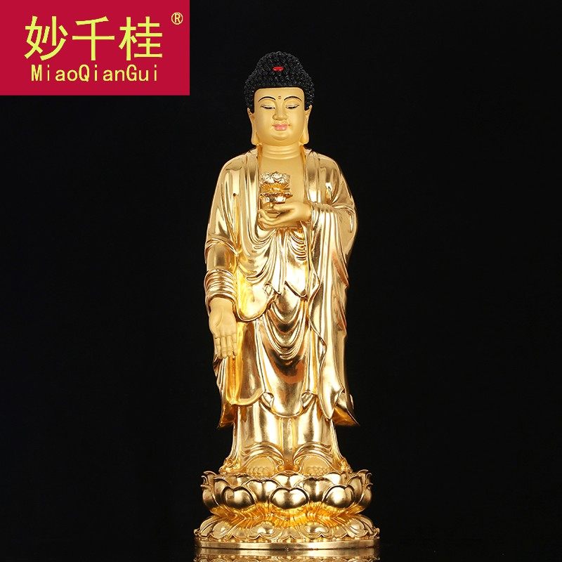 纯铜贴金西方三圣铜雕阿弥陀佛佛像 妙千桂摆件