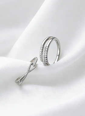 纯银镶钻戒指【交织相扣】开口戒