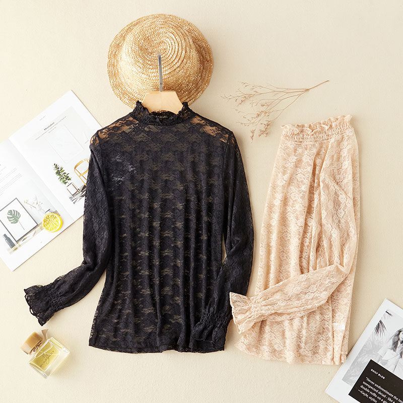 蕾丝高领网纱透明性感气质修身内搭 简朴色蕾丝衫/雪纺衫