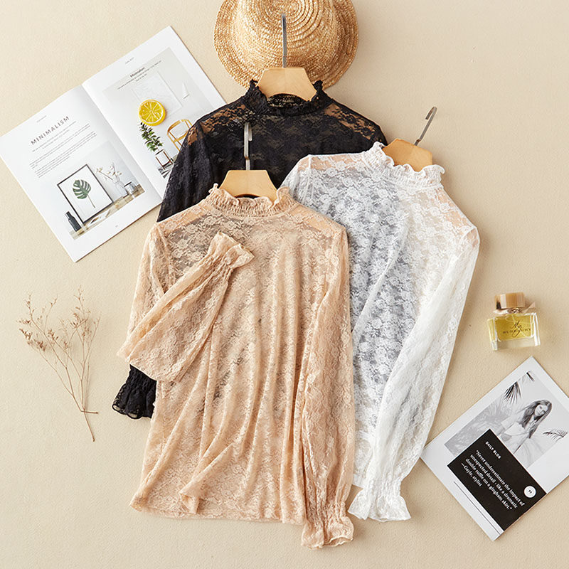 蕾丝高领网纱透明性感气质修身内搭 简朴色蕾丝衫/雪纺衫