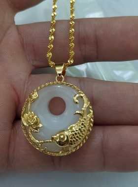 项链女款2025新款黄铜镀金白色玉石莲年有余吊坠项链不易褪色平安