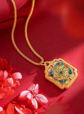 国潮民族风掐丝花丝烧蓝花牌吊坠越南沙金传承珐琅景泰蓝项链