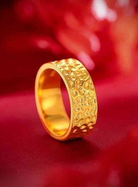 新款镀24金手工锤纹戒指 男女情侣款个性风锤纹凹凸素圈指环礼物