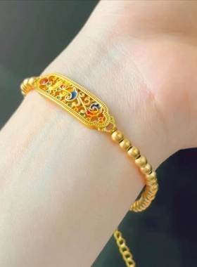 金店同款古法沙金凤凰来仪手牌手链金珠国潮女士DIY镀金首饰