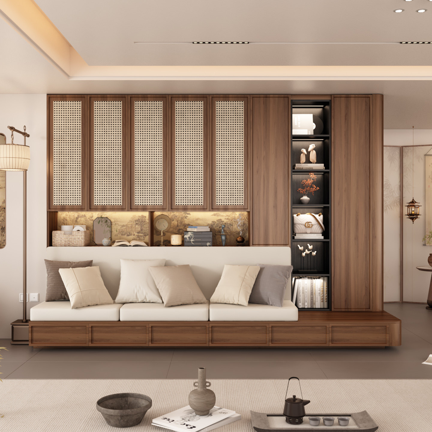 宋式美学书柜带卡座一体靠墙客厅沙发背景墙储物柜藤编门书橱定制,淘宝优惠券,粉丝福利购,淘宝优惠卷