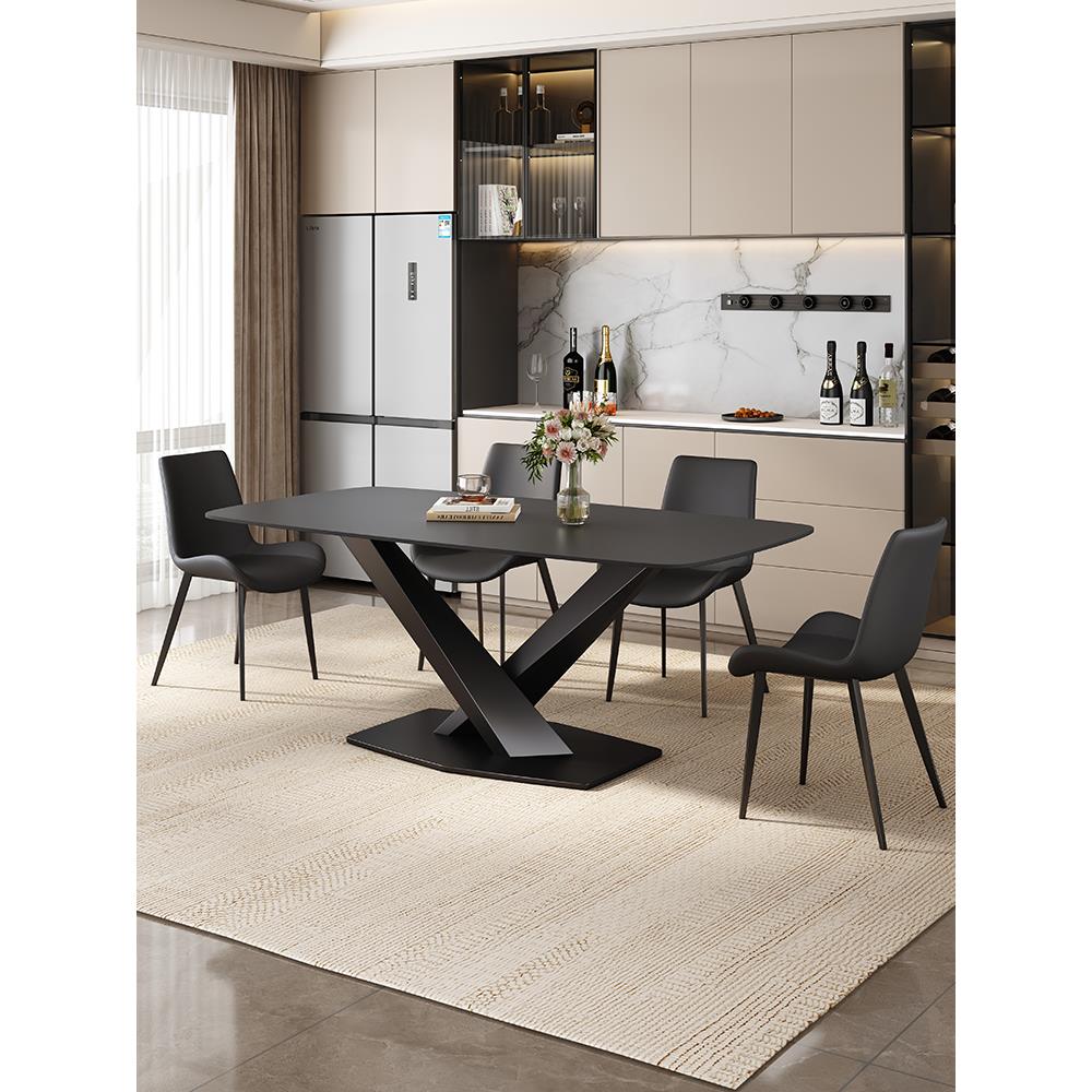 梵普森黑色岩板餐桌椅组合现代简约小户型餐厅家用饭桌长方形餐桌 - 图1
