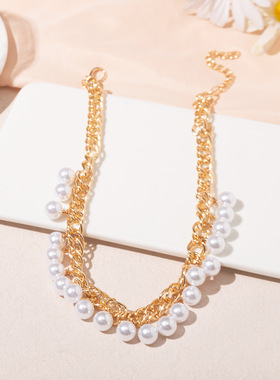 NZ2522跨境欧美创意个性珍珠项链金属链条叠戴时尚女项链颈链饰品