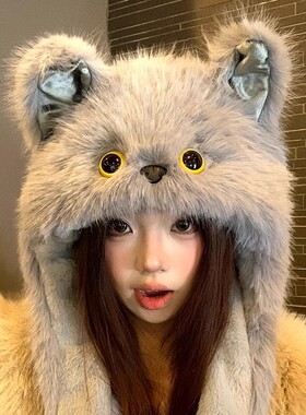 猫咪耳朵会动毛绒帽子女冬大头围加厚保暖护耳雷锋帽春季薄款适用