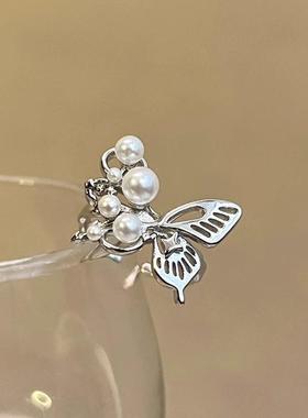 2026蝴蝶珍珠戒指女ins风轻奢高级感小众设计镂空食指戒时尚个性