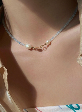 925银蓝色颈链珍珠项链女海蓝宝项链气质优雅百搭个性春夏锁骨链