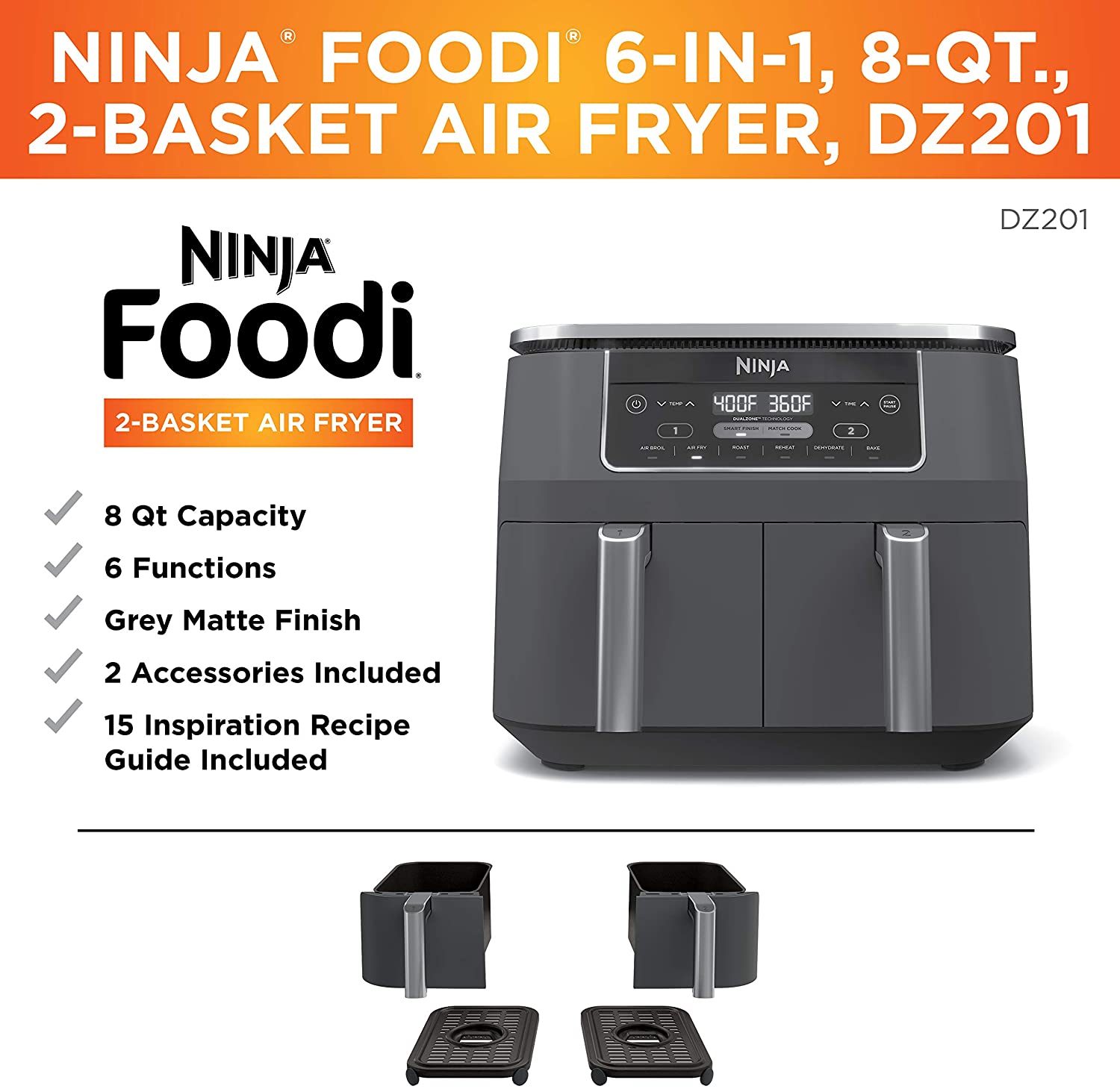 美国代购 Ninja DZ201 Foodi 6合1 2篮空炸锅双区技术8夸脱110v - 图0