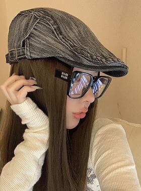 丹宁风复古牛仔前进帽女春夏大头围显脸小英伦风画家帽文艺报童帽