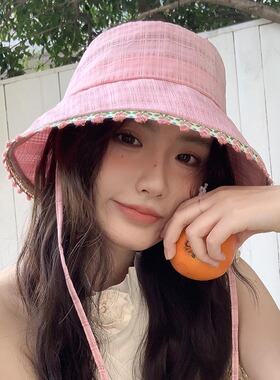 甜美可爱花边蓝色渔夫帽女春夏季遮阳防晒盆帽户外大帽檐登山帽潮