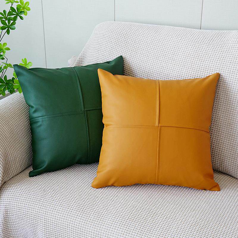 纯色PU皮革抱枕现代简约拼接靠枕套客厅沙发靠垫样板房腰枕靠背垫 - 图1
