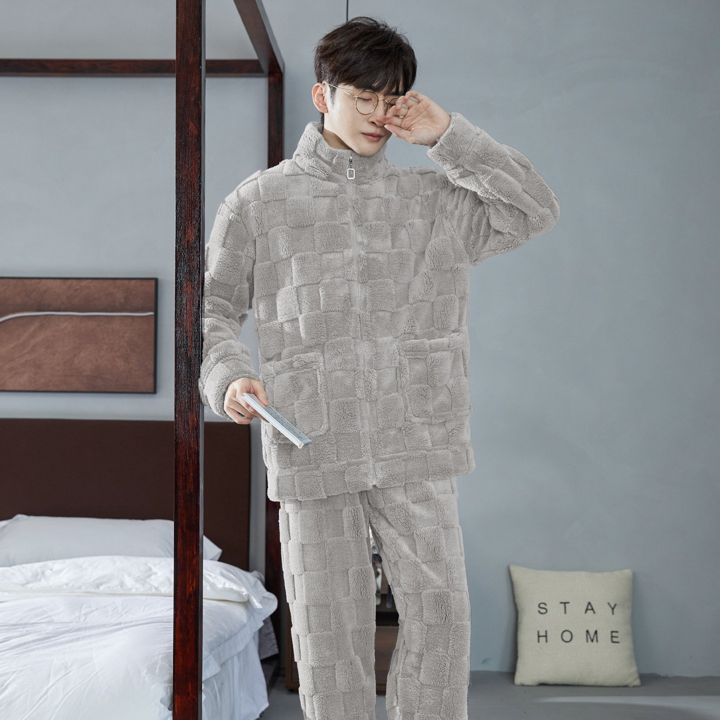 新款秋冬季珊瑚绒长袖长裤男士简约家居服法兰绒加厚保暖套装外穿,淘宝优惠券,粉丝福利购,淘宝优惠卷