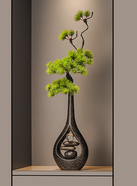 石来运转陶瓷花瓶迎客松入门玄关壁龛细高摆件高级感客厅装饰品