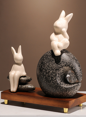 石来运转招财兔子迎客松花瓶摆件客厅电视柜装饰品玄关乔迁礼物