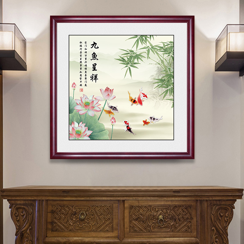 新中式荷花九鱼图玄关装饰画入户走廊餐厅卧室挂画客厅背景墙国画 - 图2